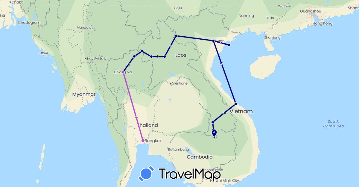 TravelMap itinerary: driving, train in Laos, Thailand, Vietnam (Asia)